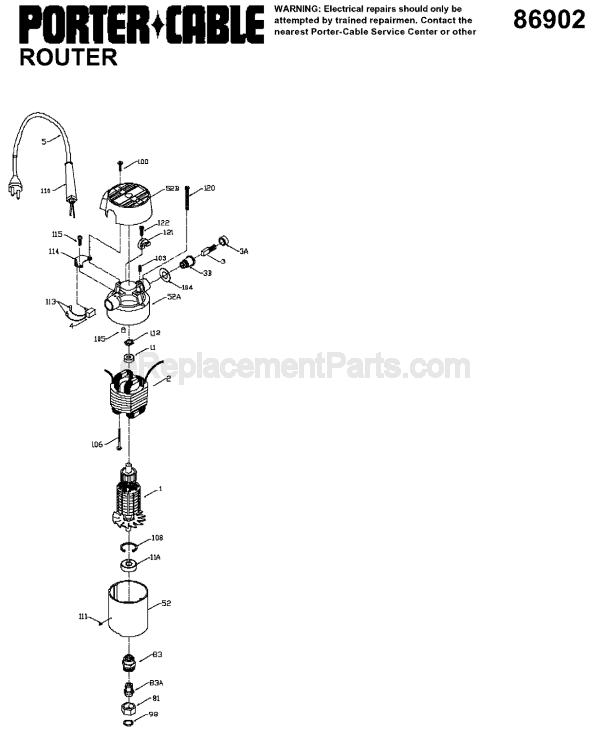 Page A Diagram and Parts List for 86902 Type 2 Porter Cable Router